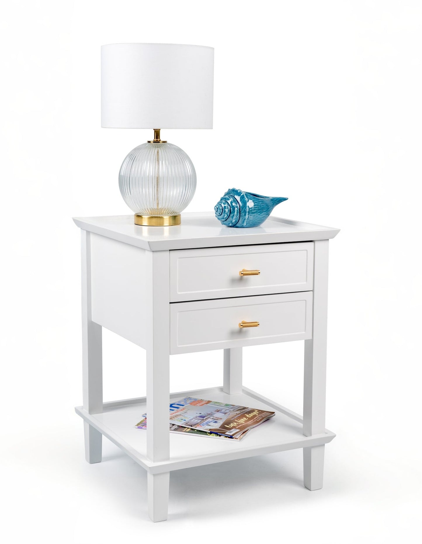 Amber Hamptons 2 Draw White Bedside Table w/Brass Handle 50cm