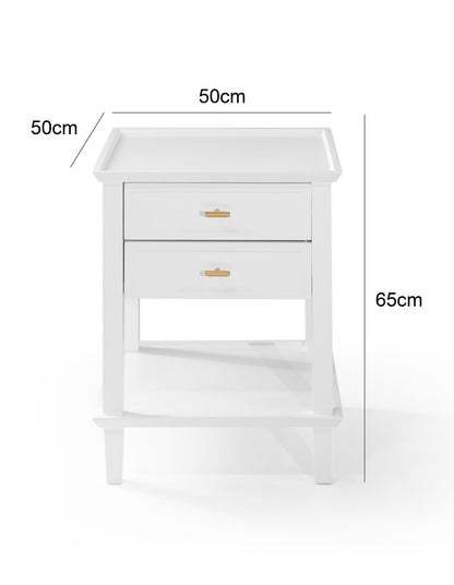 Amber Hamptons 2 Draw White Bedside Table w/Brass Handle 50cm