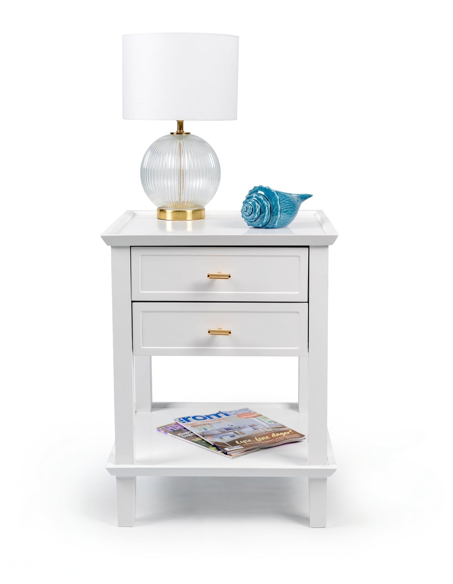 Amber Hamptons 2 Draw White Bedside Table w/Brass Handle 50cm