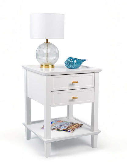 Amber Hamptons 2 Draw White Bedside Table w/Brass Handle 50cm