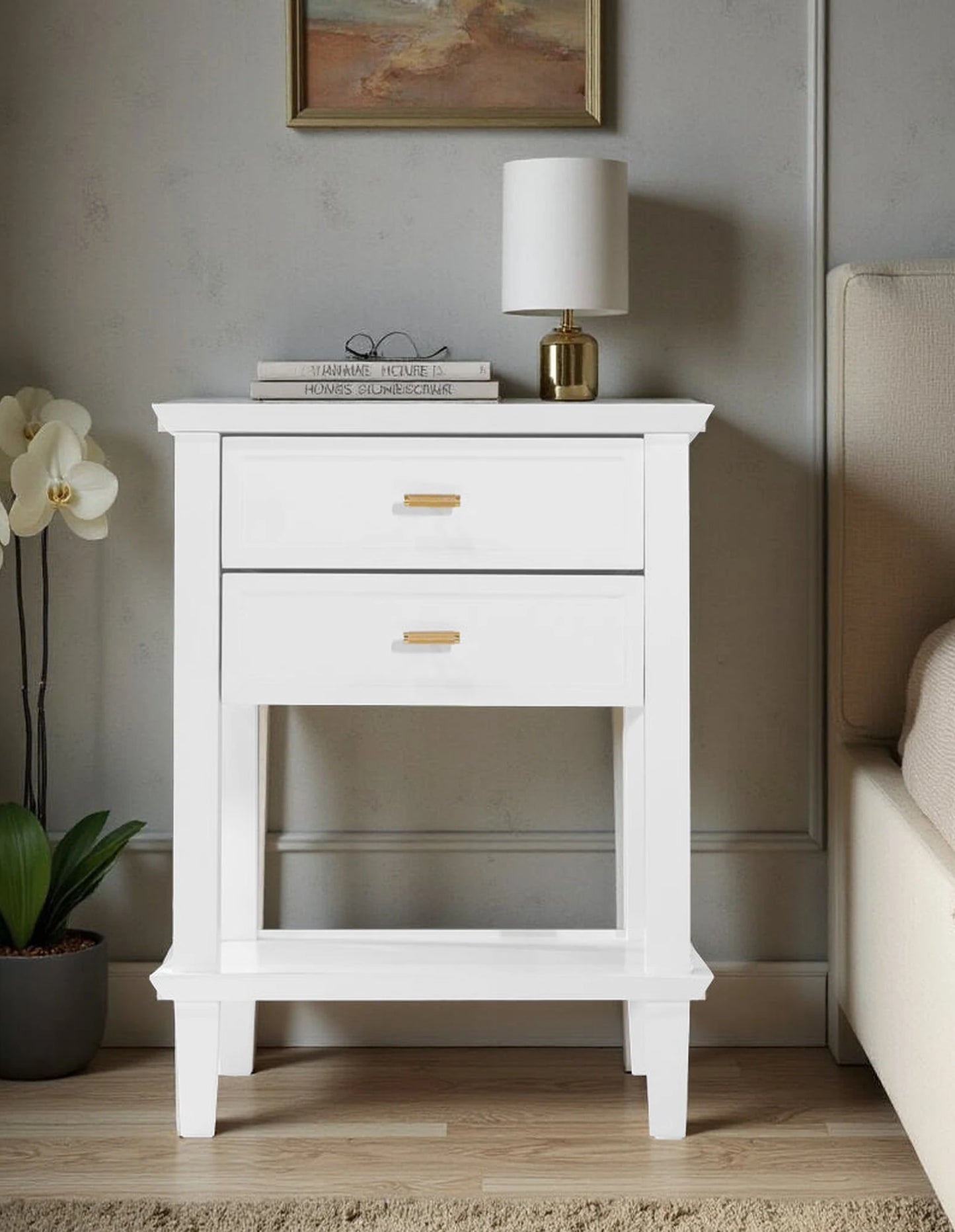 Amber Hamptons 2 Draw White Bedside Table w/Brass Handle 50cm